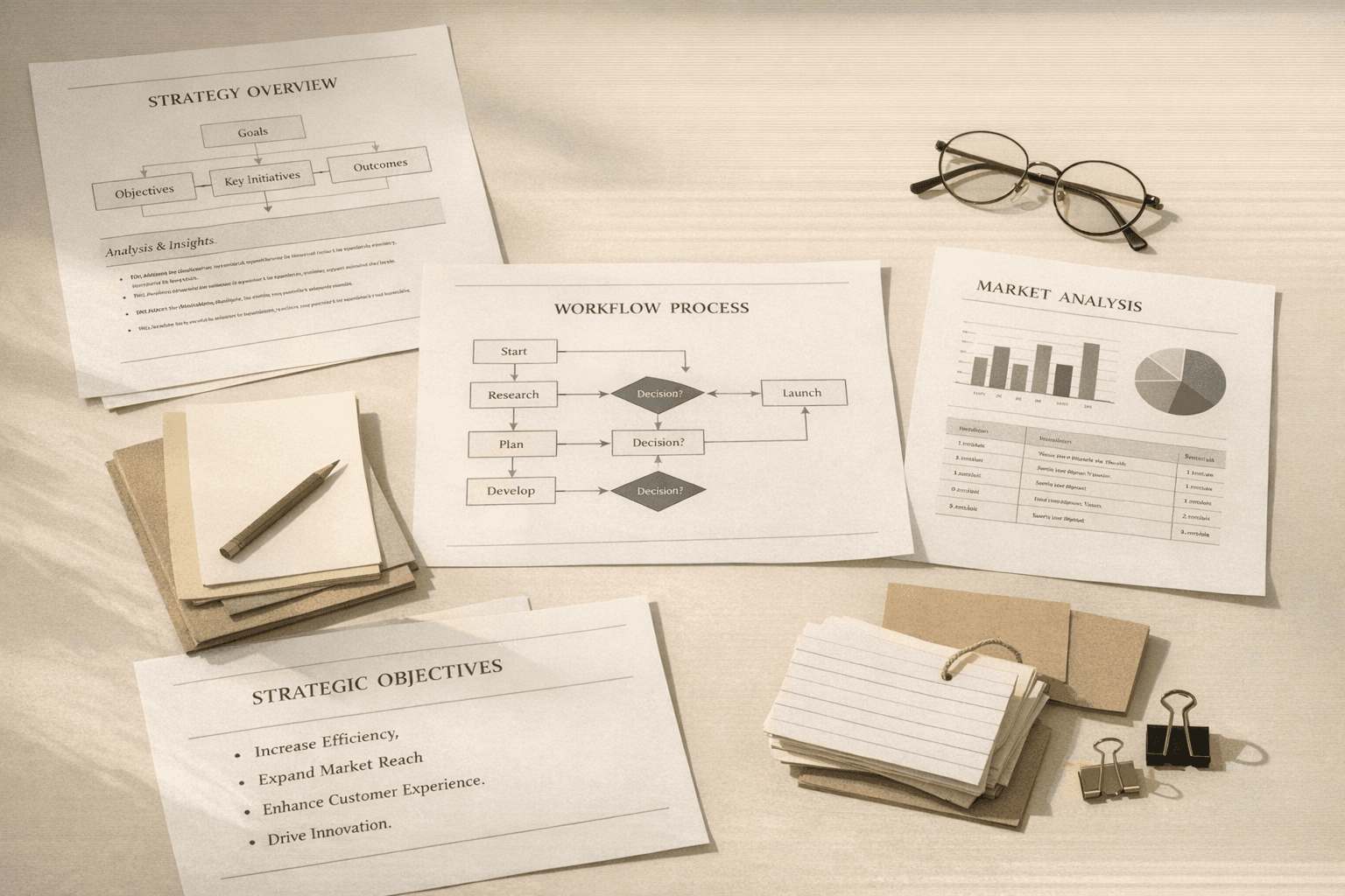 Calm strategy workspace with printed diagrams and warm paper tones.